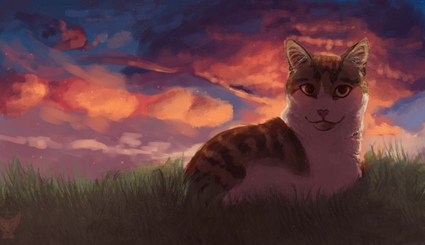 A painting of a cat sitting in the grass.