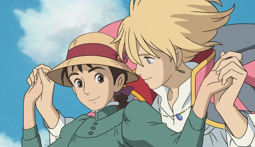 Two anime characters are holding hands in the air.