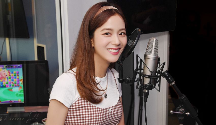 A young woman smiling in front of a microphone.