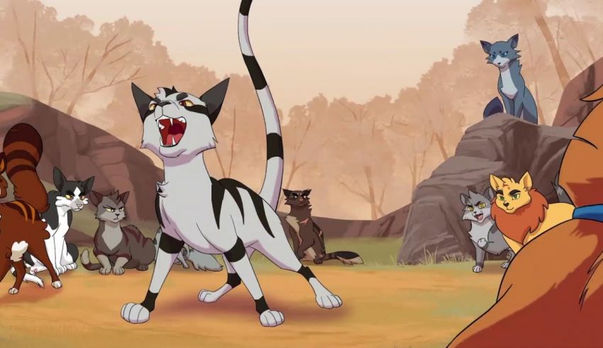 A group of cats in a cartoon scene.