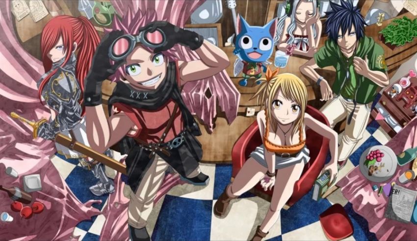 A group of anime characters standing around a table.