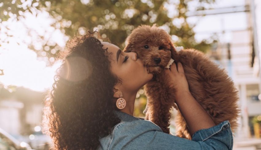 A woman kissing her dog on the street.