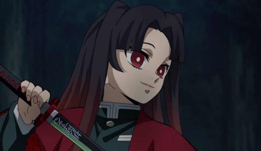 An anime girl holding a sword in the dark.