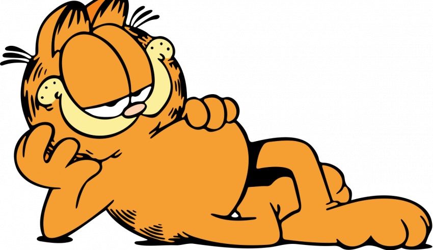 A cartoon garfield cat laying on the ground.