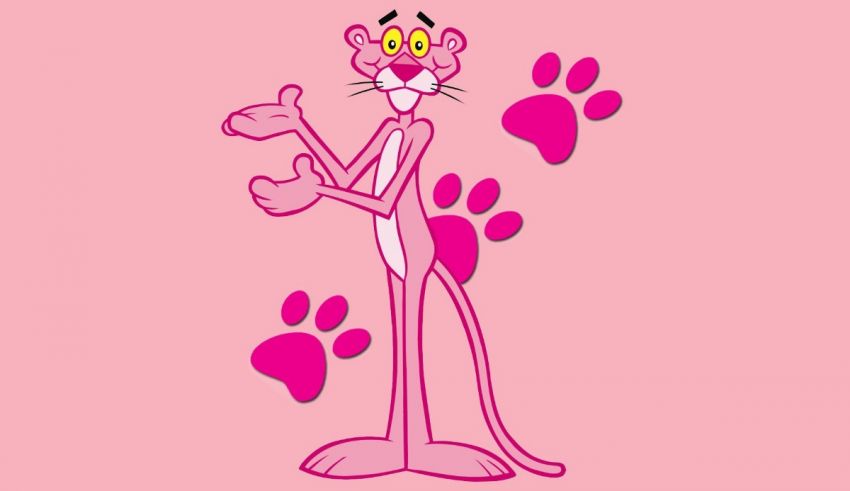 A pink cat with paw prints on a pink background.