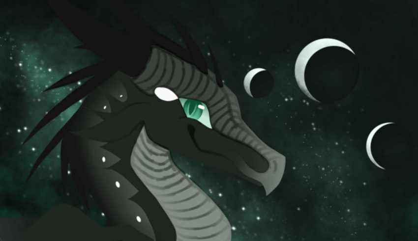 An image of a black dragon with green eyes.