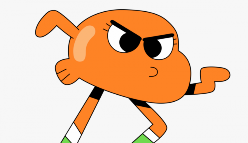 A cartoon orange character with a green shirt and green shoes.