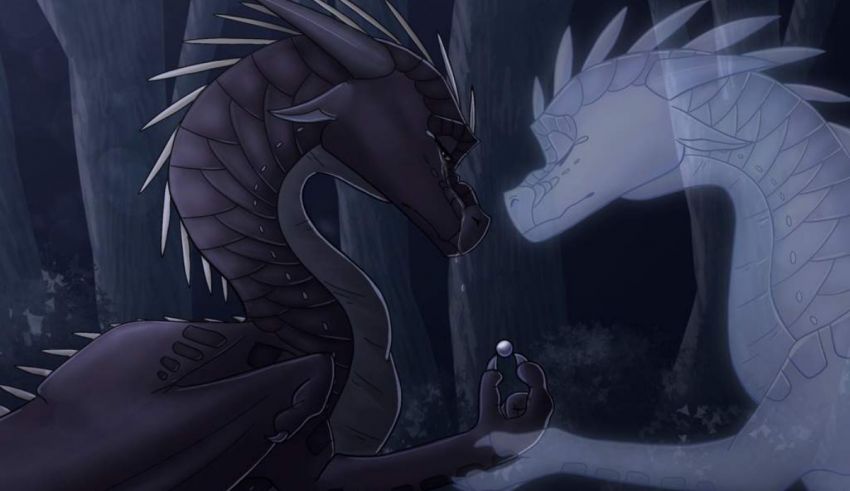 A black dragon and a white dragon in the woods.