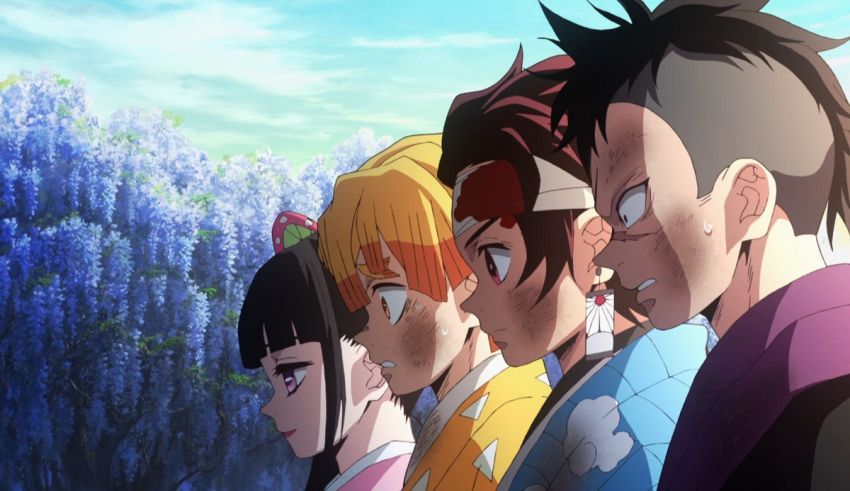 A group of anime characters standing in front of some flowers.