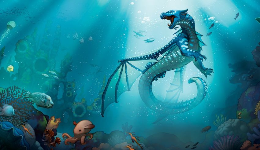 A blue dragon is swimming in the ocean.