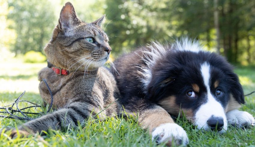 A cat and a dog laying on the grass.