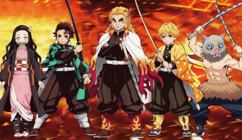 A group of anime characters with swords in front of a fire.