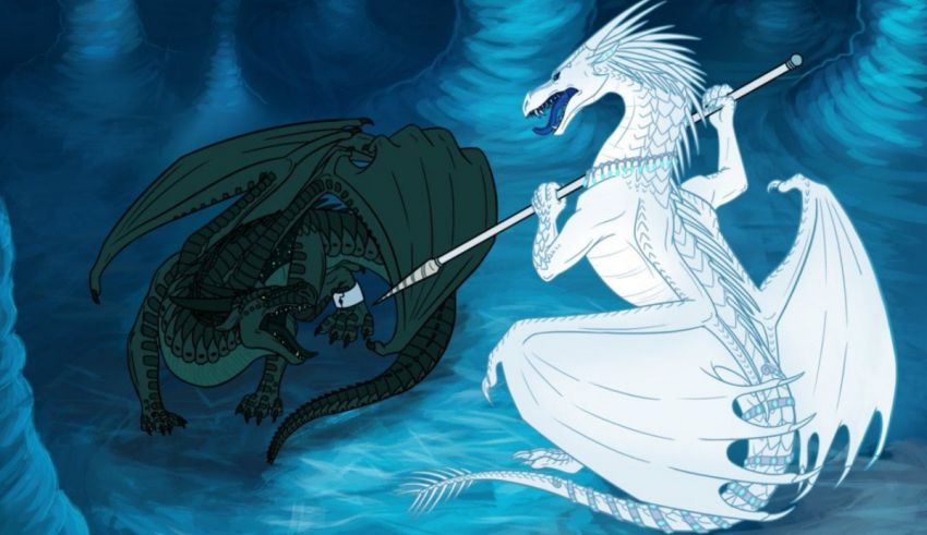 A white dragon and a black dragon in a cave.