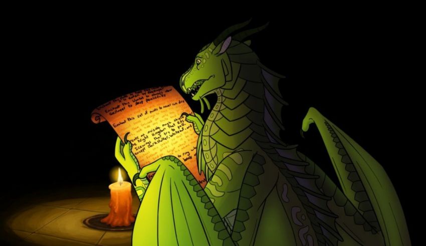A green dragon reading a book with a candle.