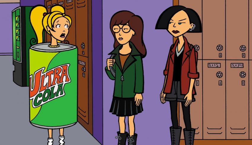 Three cartoon characters standing next to a can of soda.