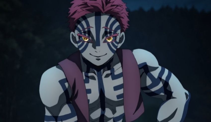 An anime character with pink hair and red eyes.