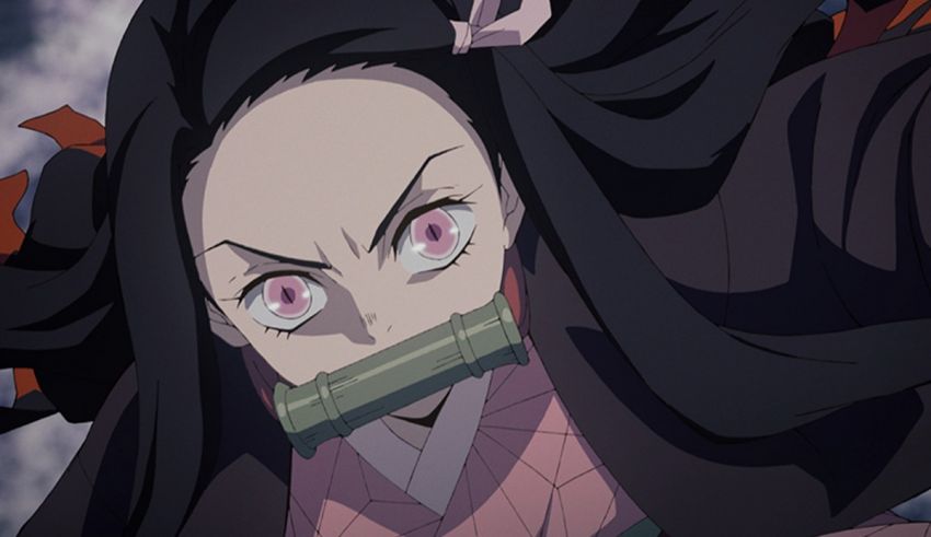 An anime character with black hair and pink eyes.