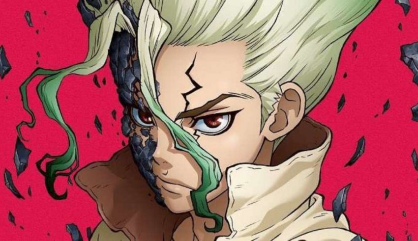An anime character with green hair and a red background.
