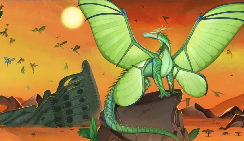 A green dragon is standing on a rock in the desert.