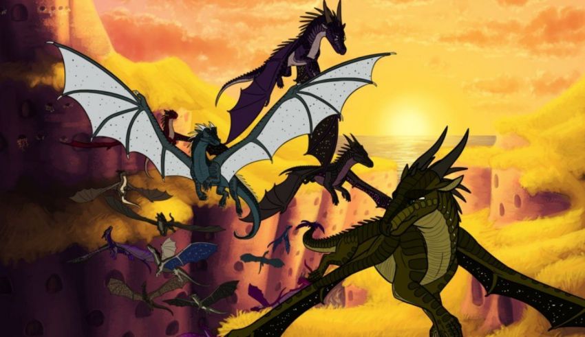 A group of dragons flying in the sky.