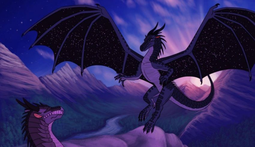 A black dragon and a purple dragon in the night sky.