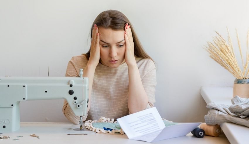 A woman is sitting in front of a sewing machine.