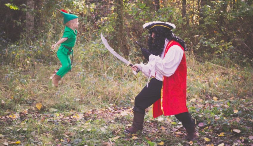 A man dressed as peter pan and a child dressed as peter pan.