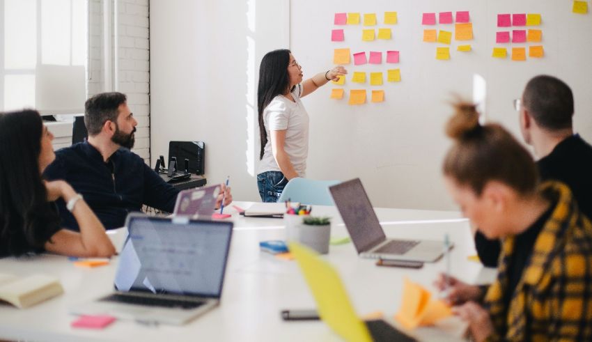 A group of people in a meeting room with sticky notes on the wall.