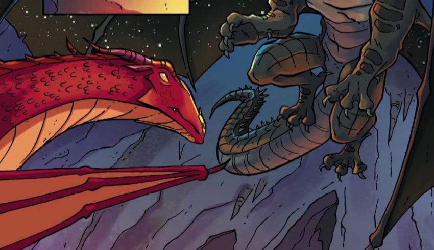 A red dragon and a blue dragon are fighting in a comic book.