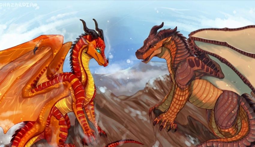 Two dragons are facing each other on top of a mountain.
