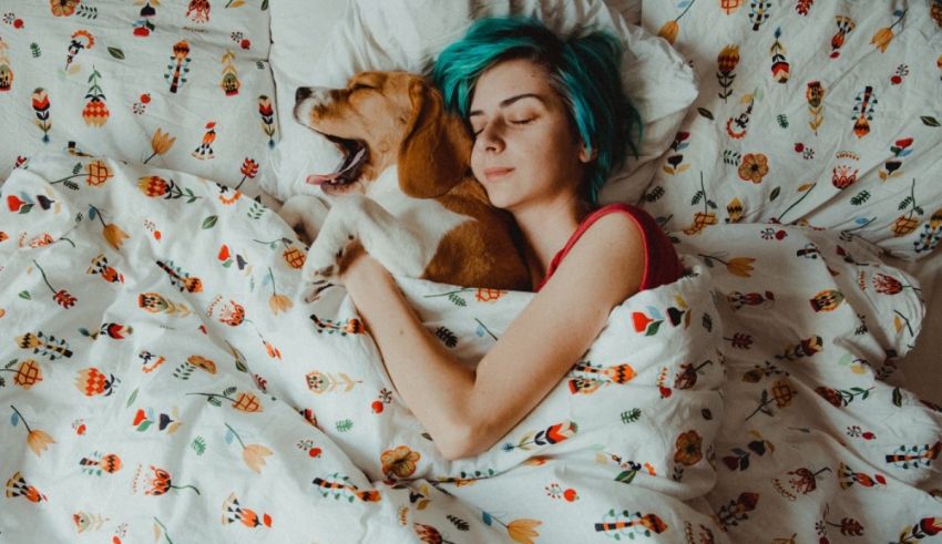 A woman with blue hair and a dog laying in bed.