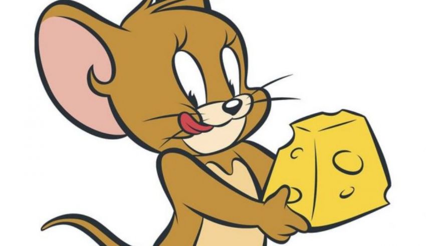 A cartoon mouse holding a piece of cheese.