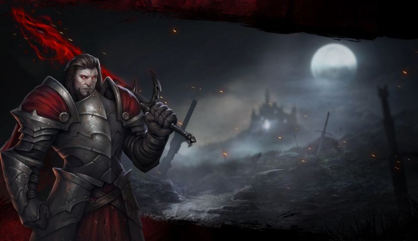 A man holding a sword in front of a dark night.