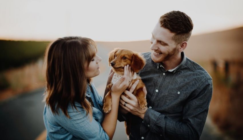 A man and woman holding a dog on a country road.