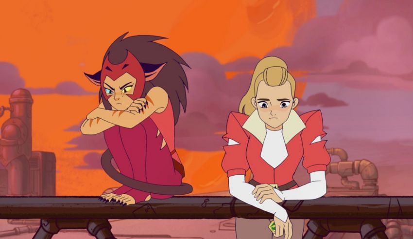 Two cartoon characters sitting on a railing in front of an orange sky.