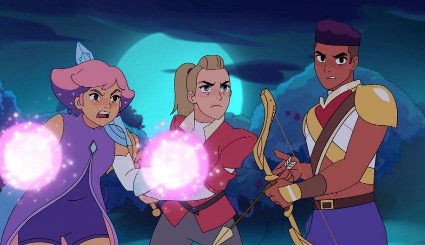 A group of characters with a bow and arrow in front of them.