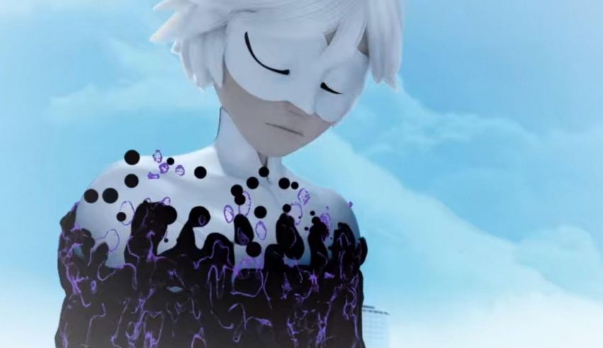 An animated character with white hair and a purple mask.