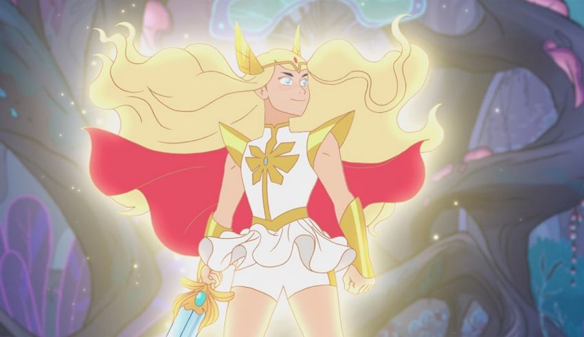 A girl with long blonde hair and a sword in front of a forest.