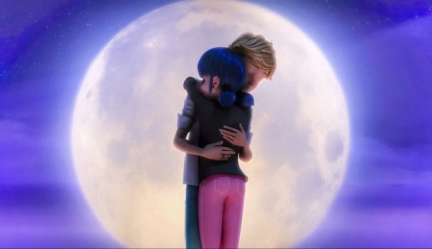 A cartoon of a man and woman hugging in front of a full moon.