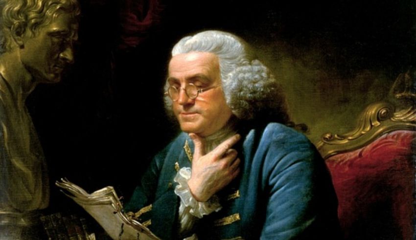 A painting of benjamin franklin reading a book.