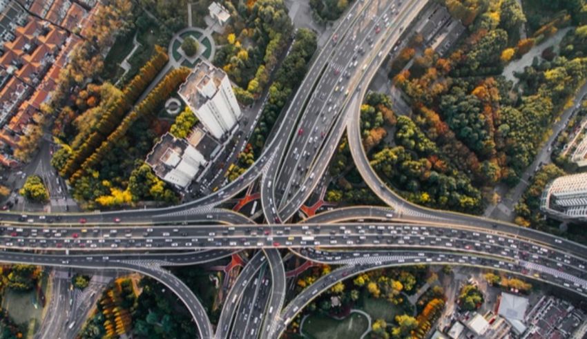 An aerial view of a highway intersection.