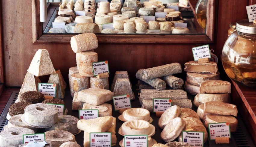 A display of cheeses on a table.