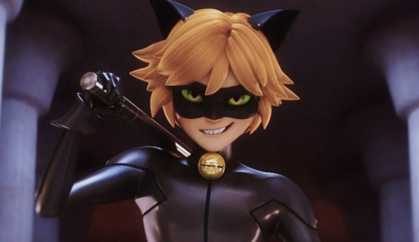 A cartoon catwoman holding a sword.