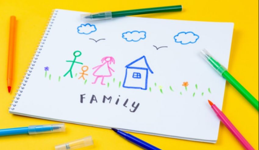 A notebook with a drawing of a family on it.