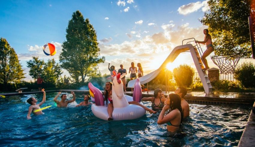 A group of people in a pool.