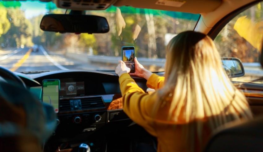 A woman is driving a car while using her cell phone.