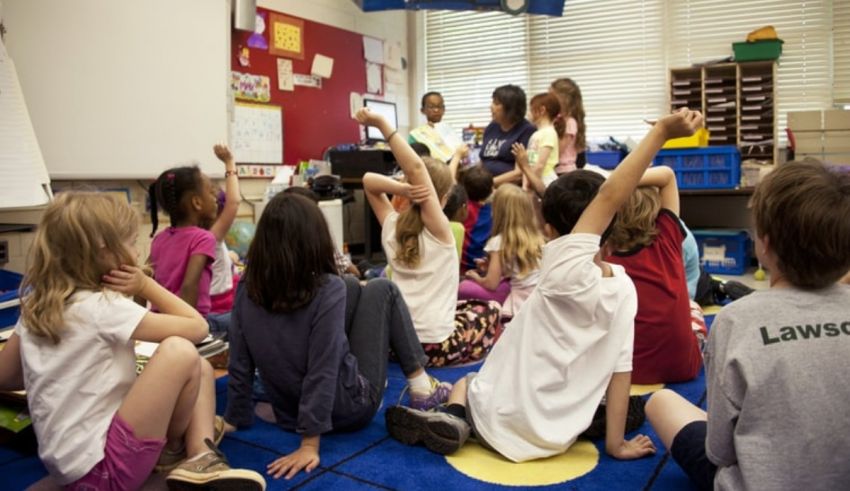 A group of children sitting on the floor in a classroom.