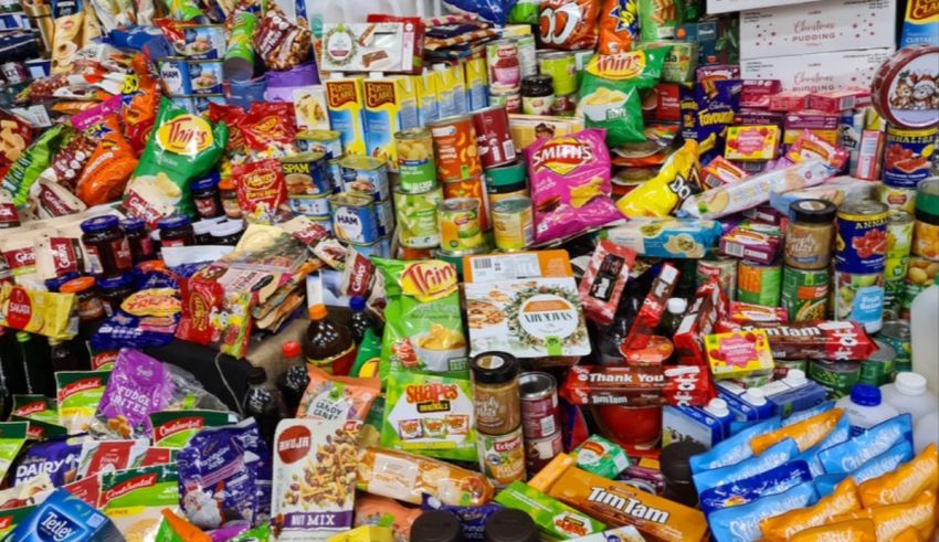 A pile of food and drinks.