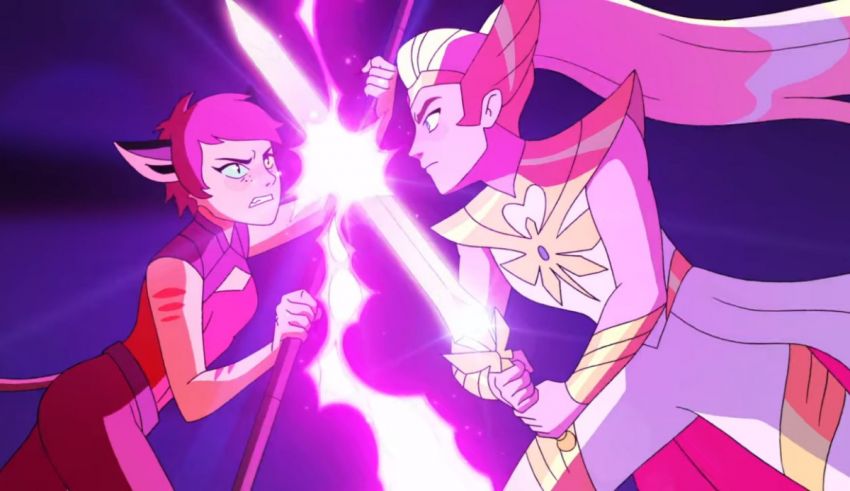 Two cartoon characters fighting each other with a sword.