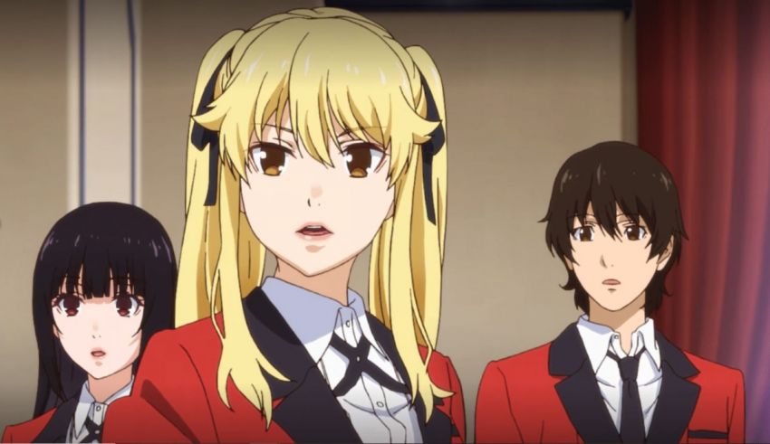 Three anime girls in school uniforms standing next to each other.